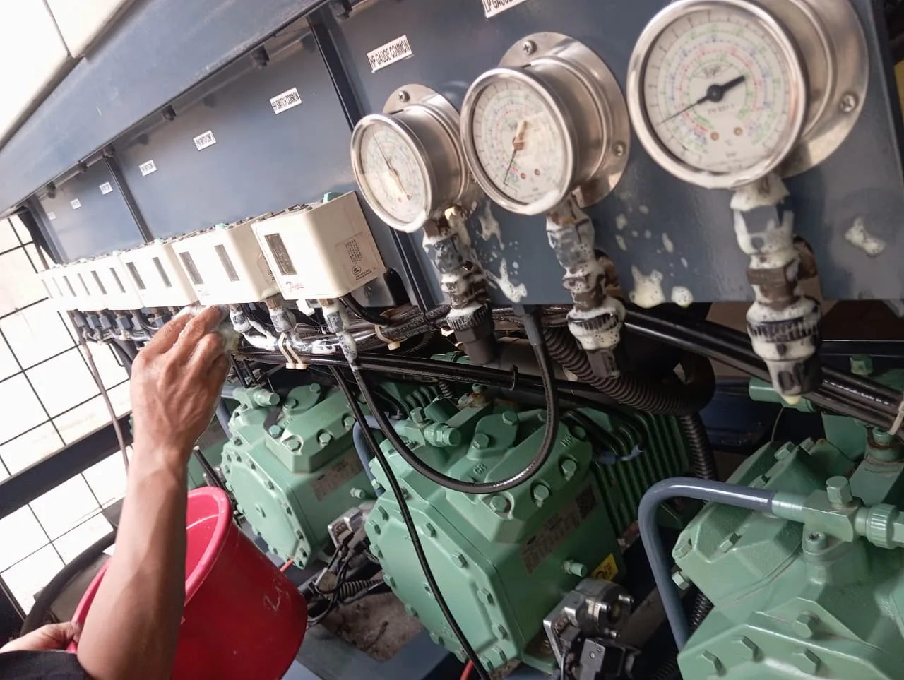 Technician servicing refrigeration equipment